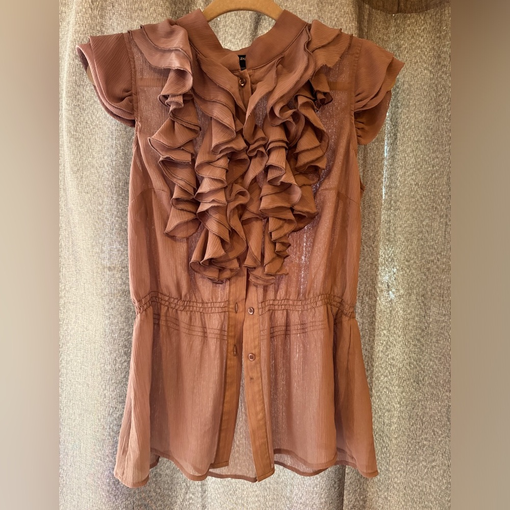 Sheer tank with ruffle collar button down